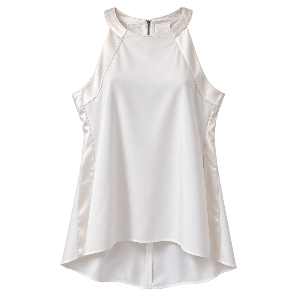 WHITE HOUSE BLACK MARKET | Ivory Satin Trim High Low Sleeveless Blouse Size 14